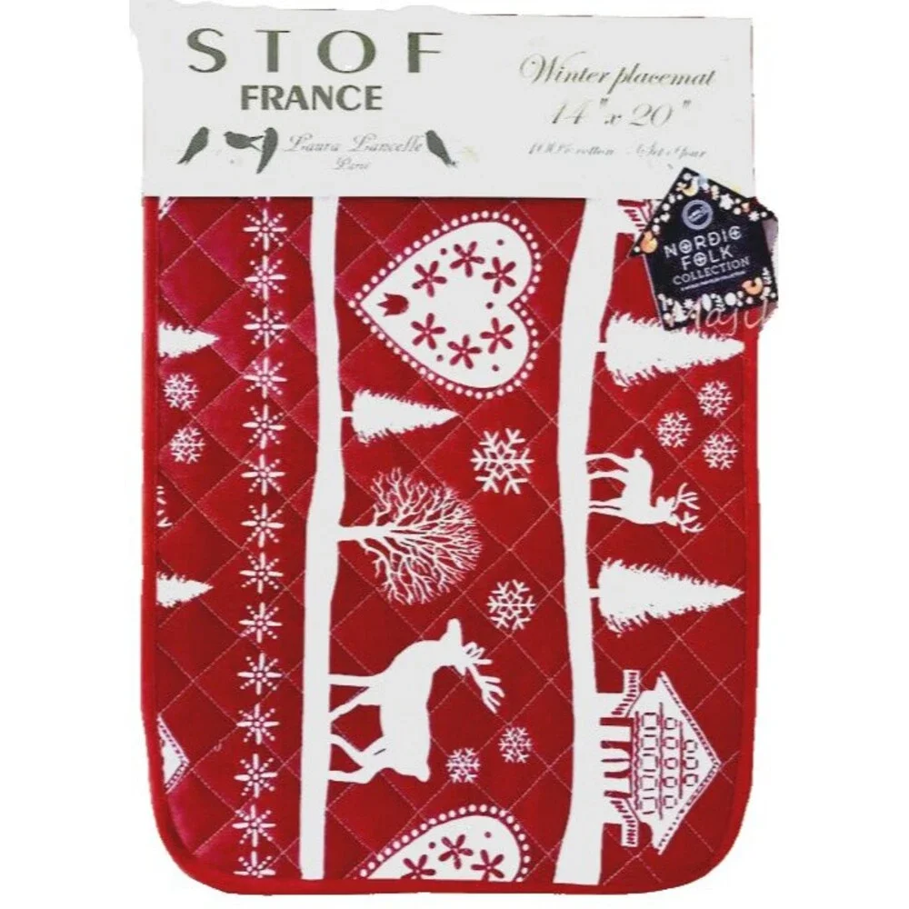 Stof France Christmas Placemats Quilted Winter Red Stag Hearts Scandi Set Of 4